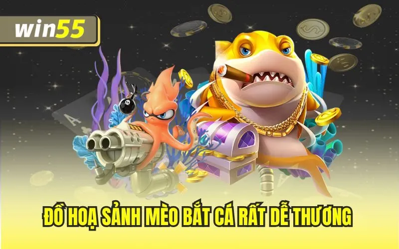 Đồ hoạ sảnh mèo bắt cá rất dễ thương 